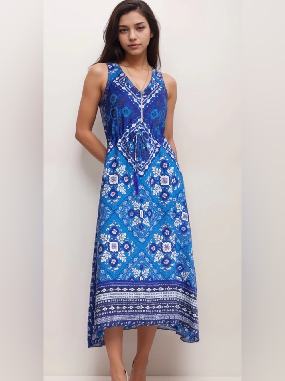 Johnny Was JWLA Blue Drawstring Midi Tank Dress